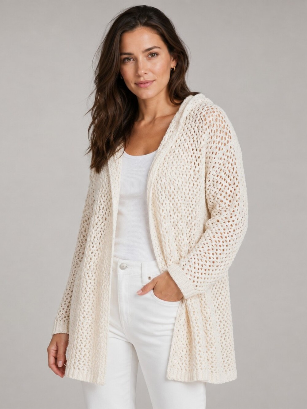 NWT Nicole Miller Artelier Hooded Open Knit Duster Cardigan Cream Large